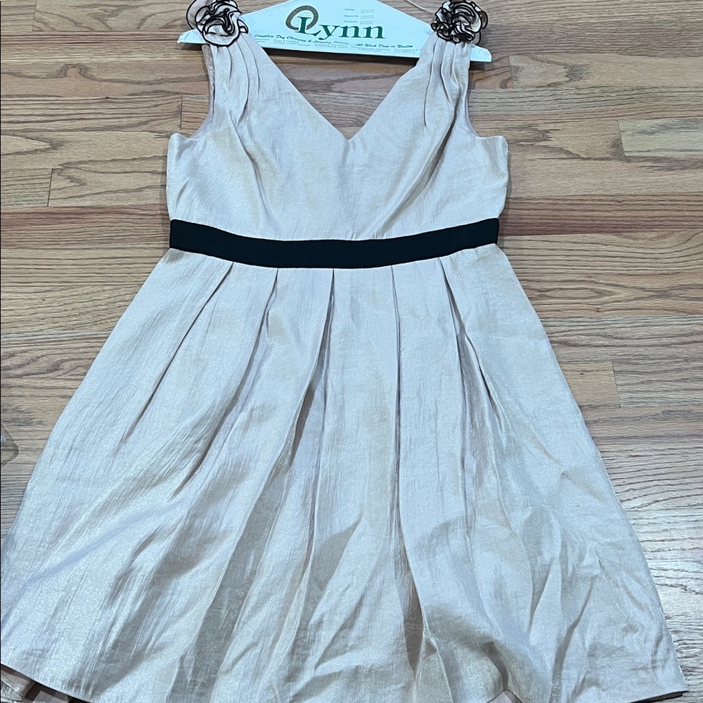 Elegant Cream Sleeveless Dress with Black Waistband